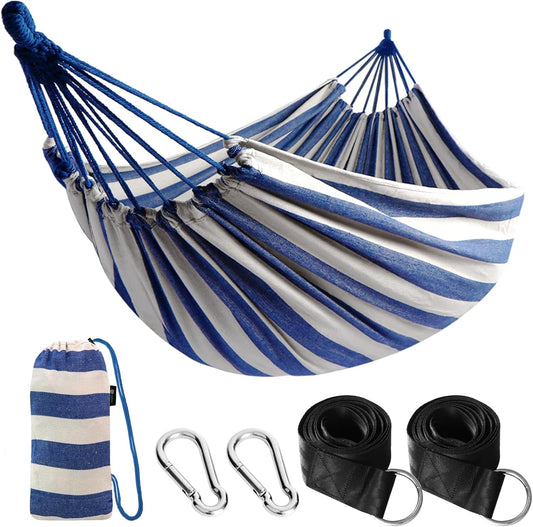 Premium Portable Cotton Hammock for Outdoor and Indoor Relaxation - Durable Fabric with Tree Straps, Supports Up to 660 lbs, Includes Travel Bag for Convenient Use in Patio or Backyard