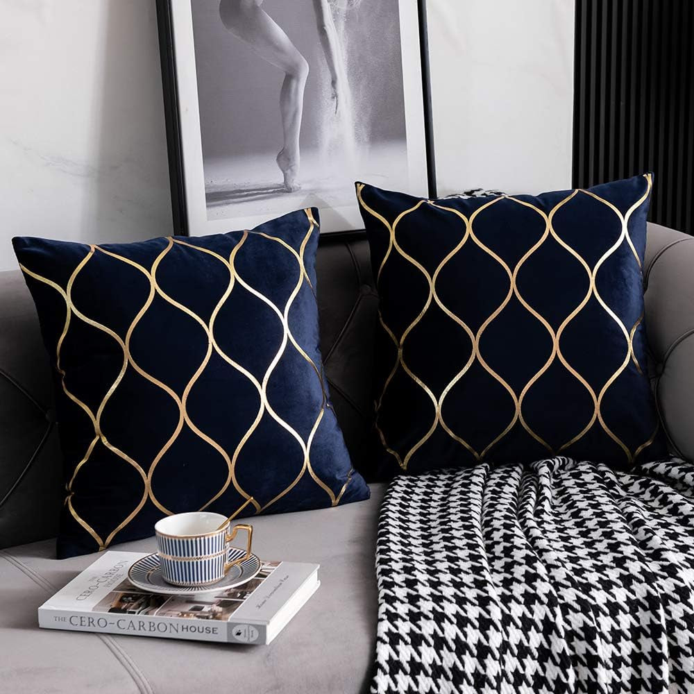 Navy Gold Velvet Decorative Throw Pillow Covers - Set of 2, 20x20 Inch Square Cases for Bedroom, Sofa, and Living Room