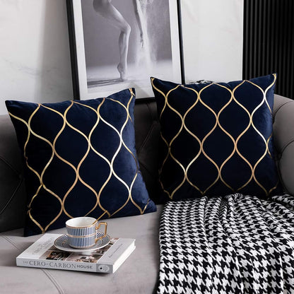 Navy Gold Velvet Decorative Throw Pillow Covers - Set of 2, 20x20 Inch Square Cases for Bedroom, Sofa, and Living Room