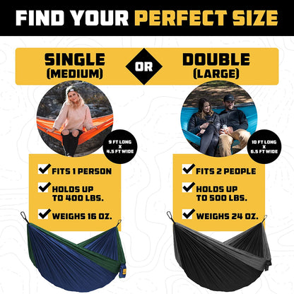 Portable Camping Hammock - Supports Up to 500 lbs with Tree Straps - Perfect for Travel, Backpacking, Hiking, and Outdoor Activities - Available in Single and Double Sizes