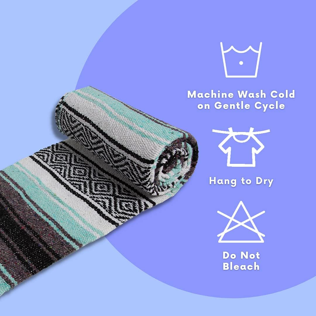 Mexican Yoga Blanket - Vibrant Falsa Serape Throw for Yoga, Beach, Picnic, Equestrian Use, or Home Décor - Soft Woven Bohemian Blanket in Cool Mint and Gray