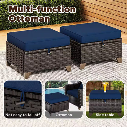 Wicker Outdoor Patio Ottoman Set with Deep Blue Cushions - 2 Piece Collection