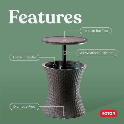 Keter Pacific Cool Bar Outdoor Patio Furniture and Hot Tub Side Table with 7.5-Gallon Beverage Cooler in Espresso Brown