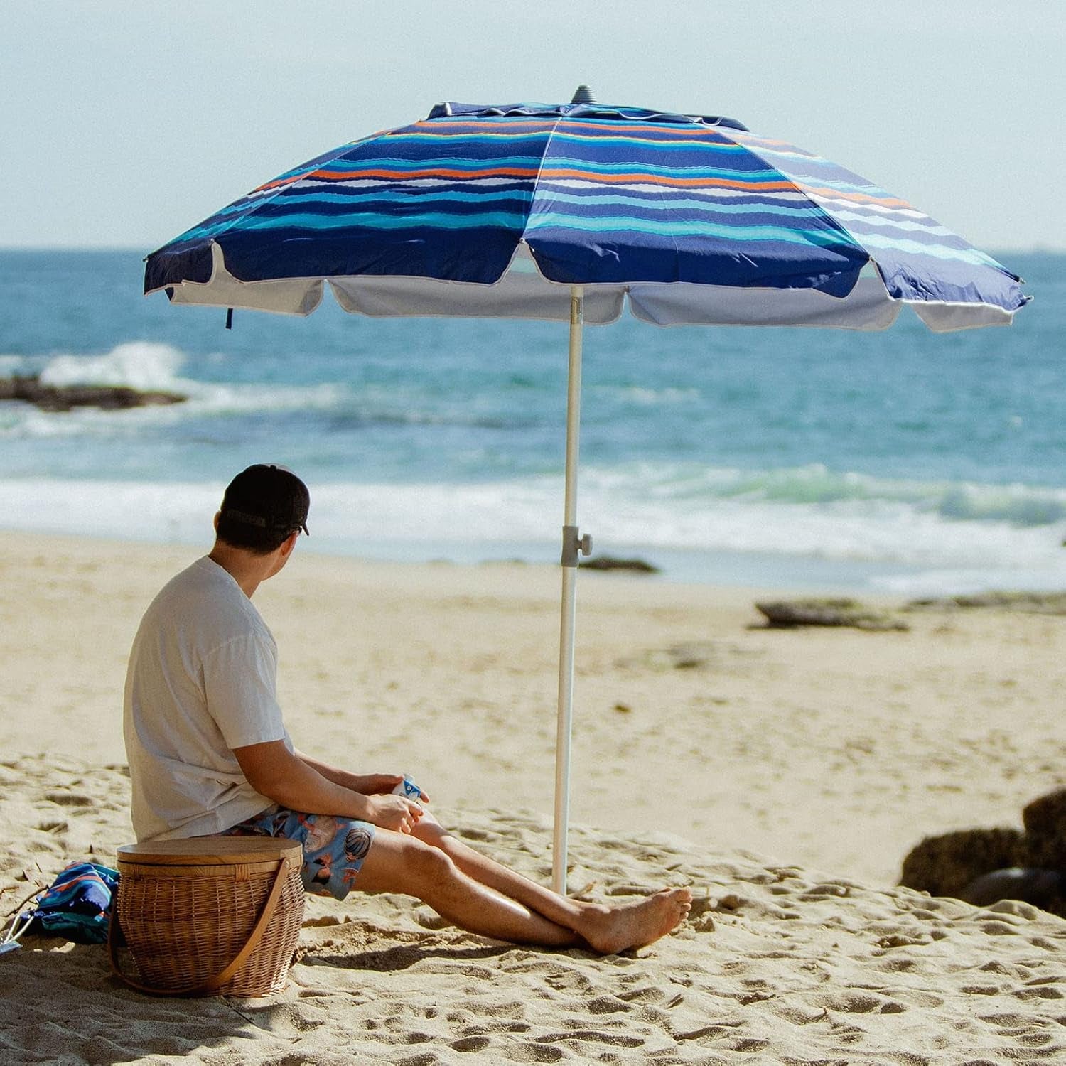 7-Foot Heavy-Duty High Wind Beach Umbrella with Sand Anchor, Ventilation, and Tilt Feature for UV 50+ Sun Protection - Portable Outdoor Sunshade with Carry Bag for Patio, Garden, Pool, and Backyard - Blue