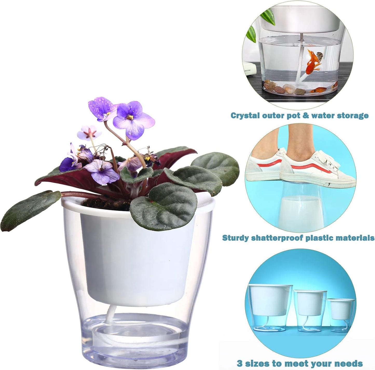 Set of 3 Large 7-Inch Clear Self-Watering Planters for Indoor Plants - Ideal for African Violets, Herbs, Orchids, and Spider Plants - Durable Plastic Design in Clear and White