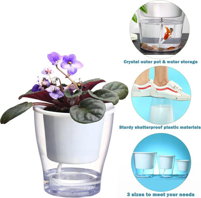 Set of 3 Large 7-Inch Clear Self-Watering Planters for Indoor Plants - Ideal for African Violets, Herbs, Orchids, and Spider Plants - Durable Plastic Design in Clear and White