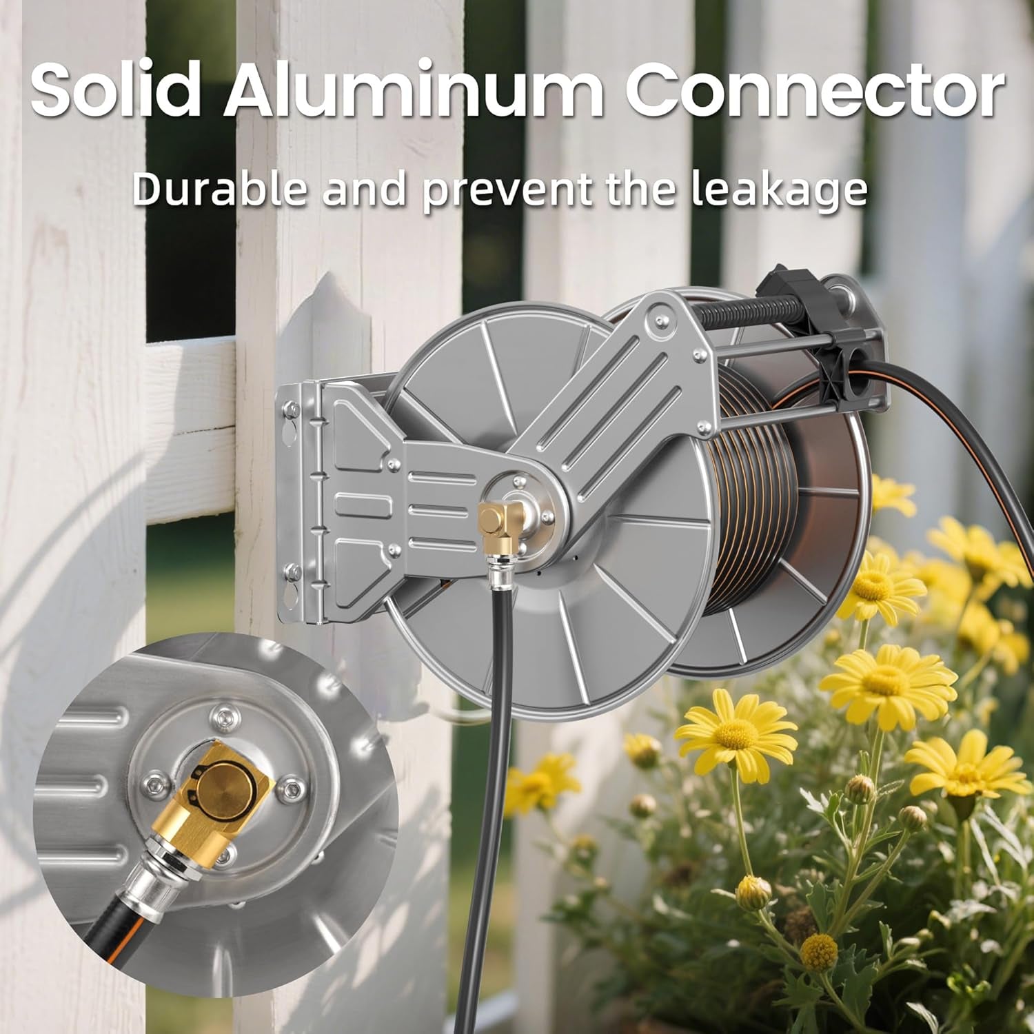 Heavy-Duty Stainless Steel Retractable Hose Reel - Wall/Floor Mounted, Accommodates Up to 150ft of Hose