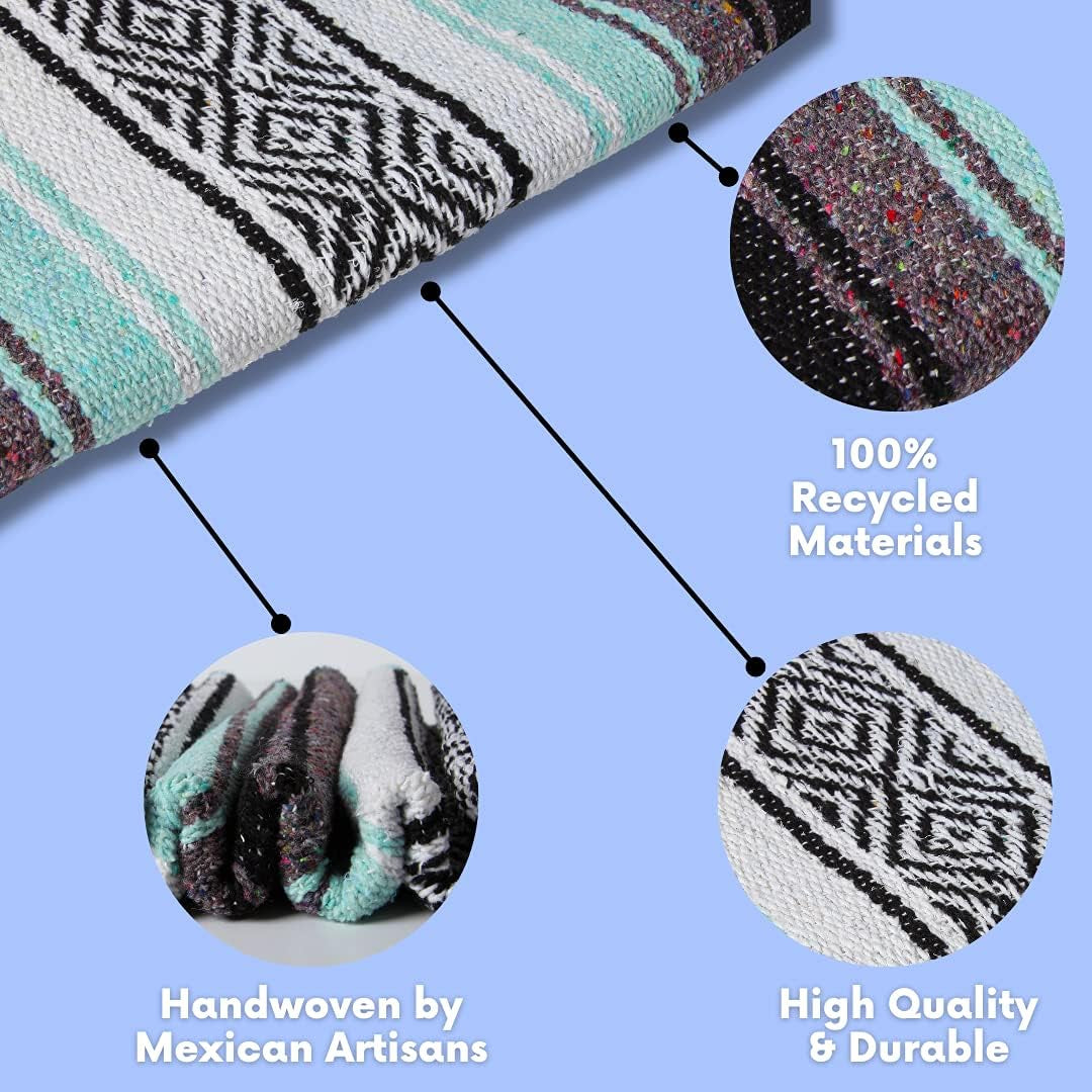 Mexican Yoga Blanket - Vibrant Falsa Serape Throw for Yoga, Beach, Picnic, Equestrian Use, or Home Décor - Soft Woven Bohemian Blanket in Cool Mint and Gray