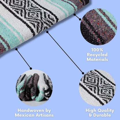 Mexican Yoga Blanket - Vibrant Falsa Serape Throw for Yoga, Beach, Picnic, Equestrian Use, or Home Décor - Soft Woven Bohemian Blanket in Cool Mint and Gray