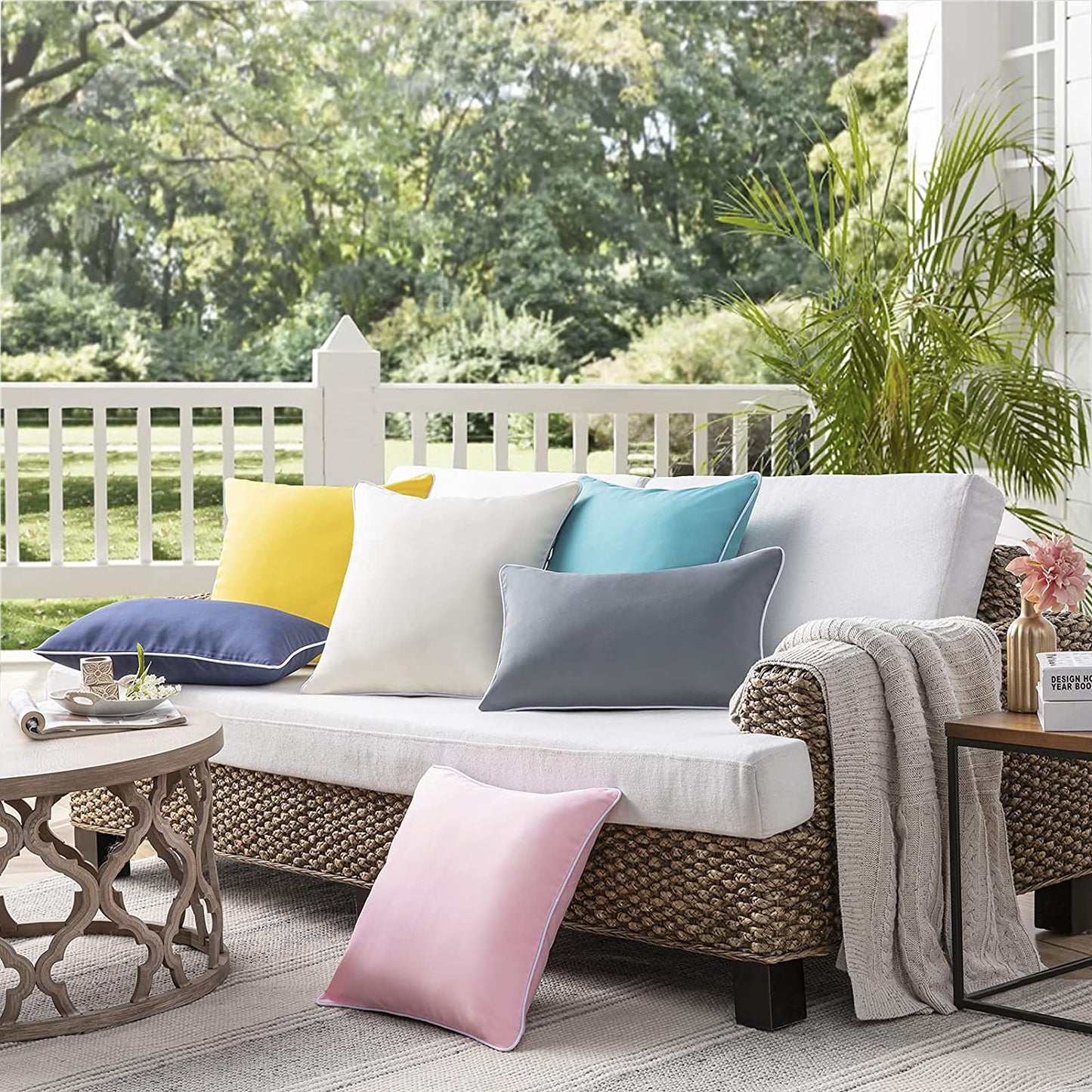 Set of 2 Outdoor Waterproof Decorative Pillow Covers - 18''x18'' Cream Square Cushions for Patio and Tent Use