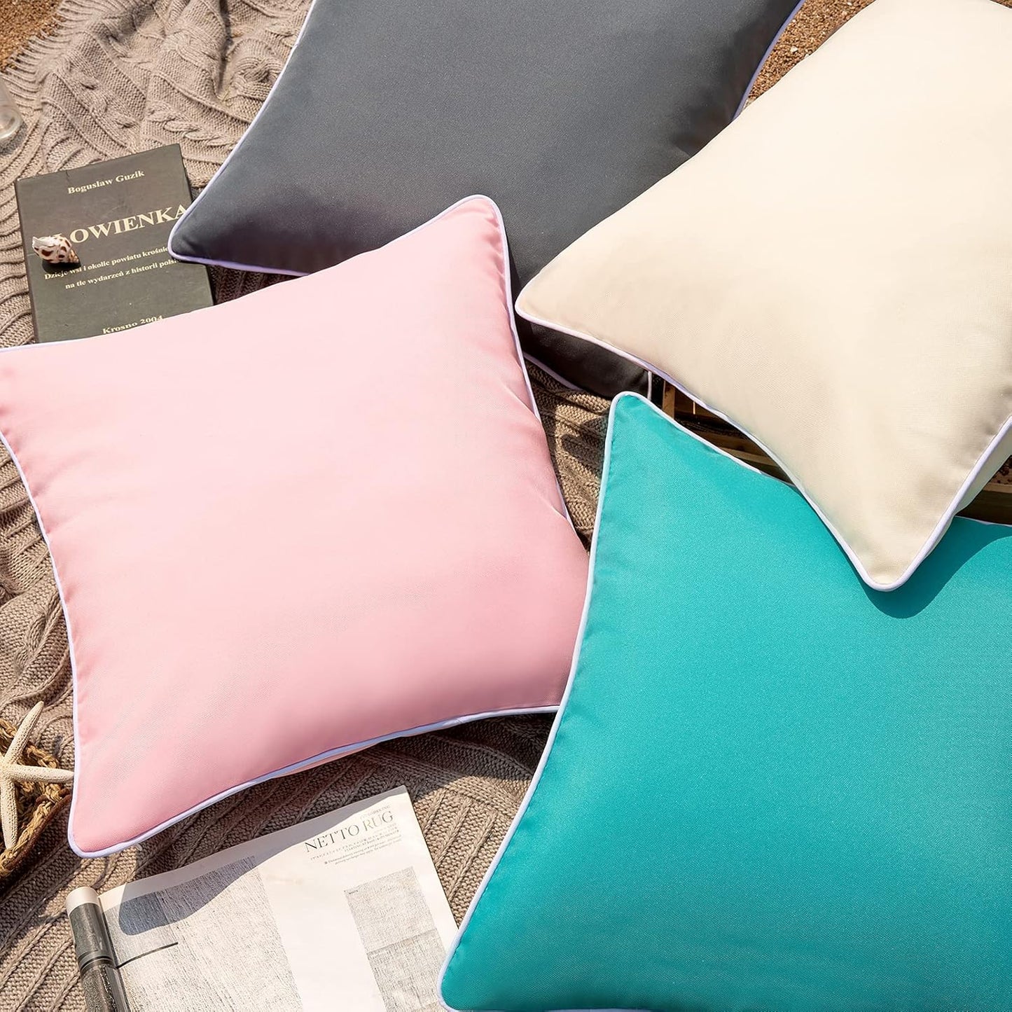 Set of 2 Outdoor Waterproof Decorative Pillow Covers - 18''x18'' Cream Square Cushions for Patio and Tent Use