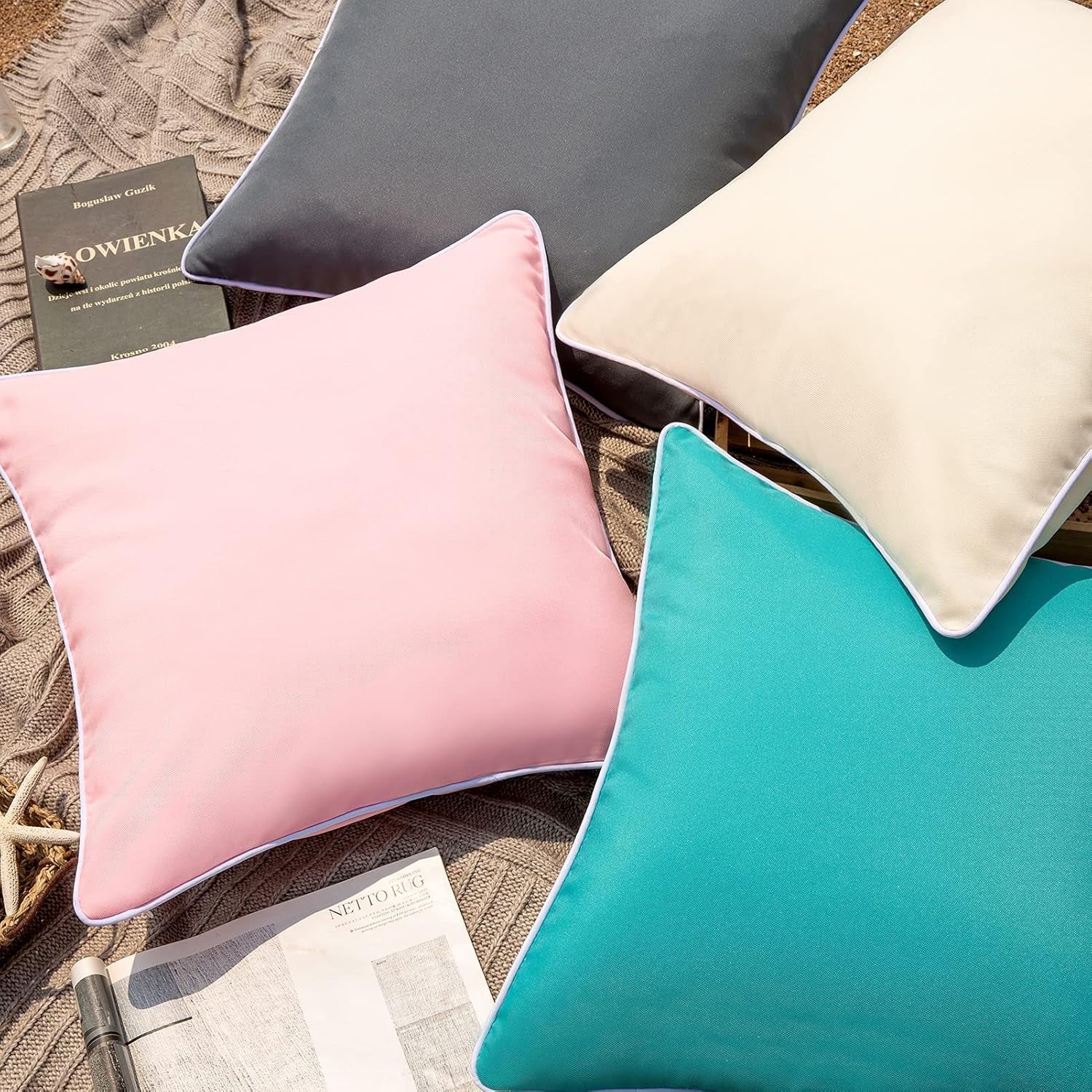 Set of 2 Outdoor Waterproof Decorative Pillow Covers - 18''x18'' Cream Square Cushions for Patio and Tent Use
