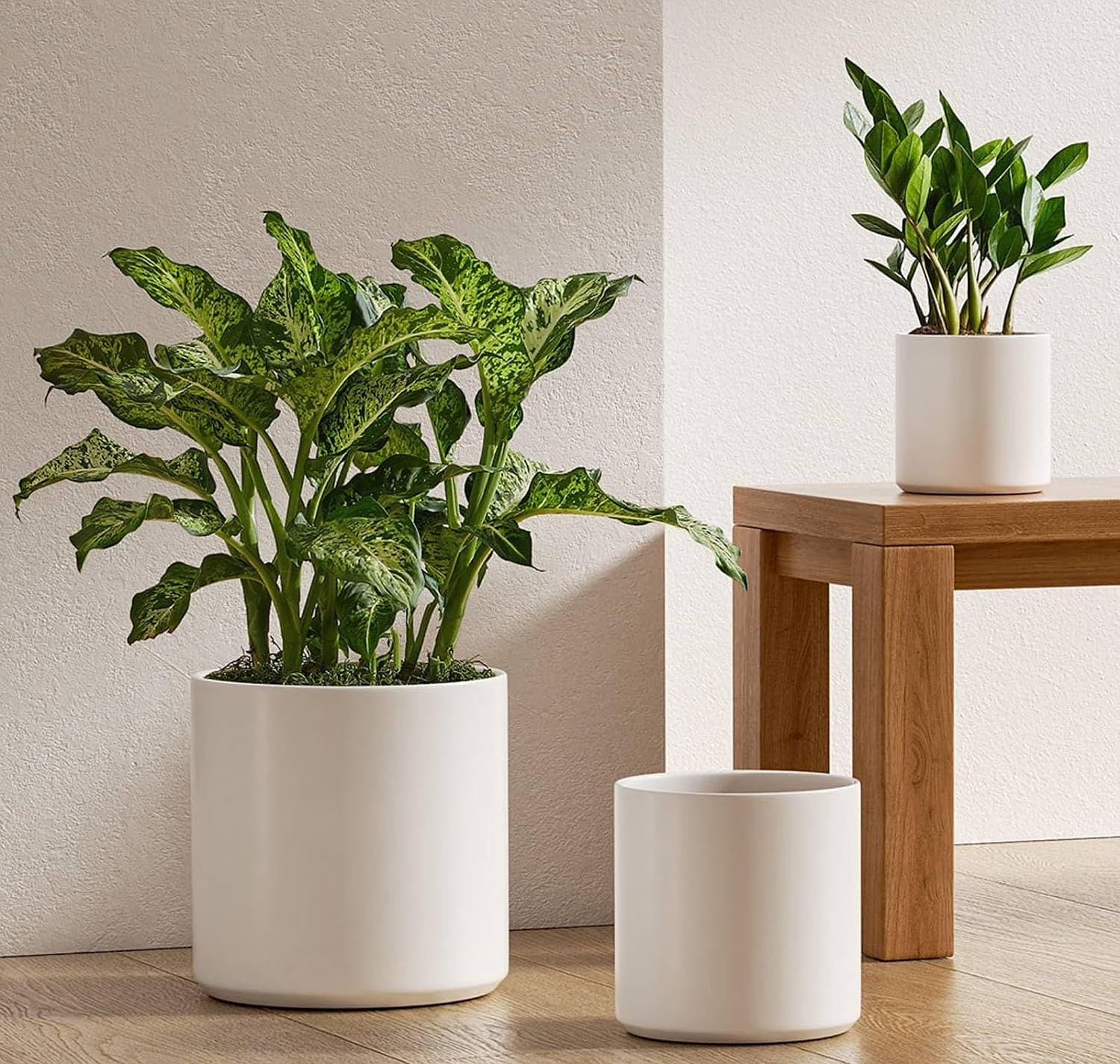 Set of 3 White Indoor Plant Pots (10", 8", and 6") with Drainage Hole and Plug for Indoor and Patio Decoration