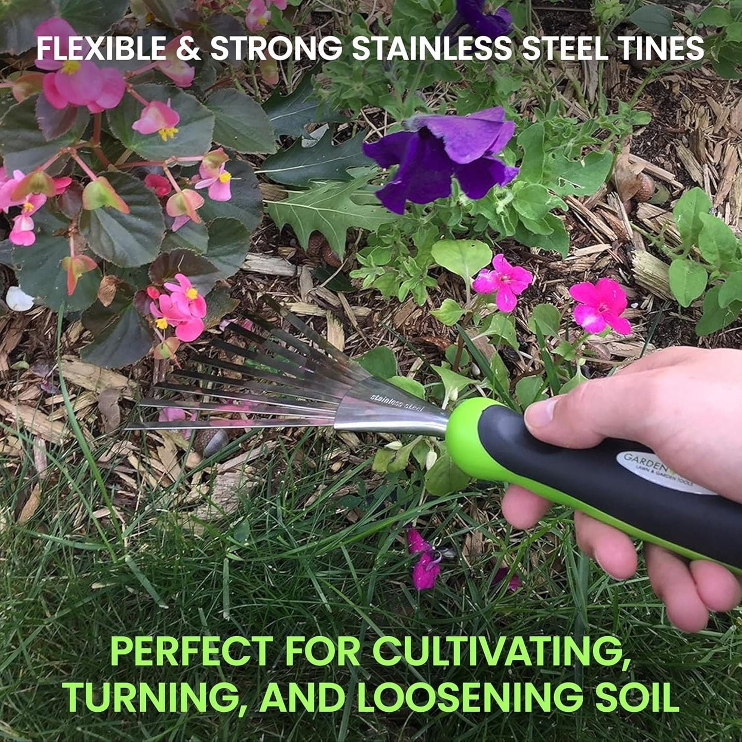 Ergonomic Stainless Steel Hand Rake and Soil Tiller by Garden Guru for Gardening, Cultivating, Soil Loosening, Mulch Spreading, and Flower Bed Raking