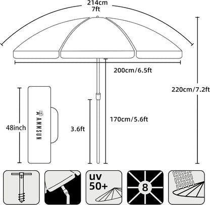 7-Foot Heavy-Duty High Wind Beach Umbrella with Sand Anchor, Ventilation, and Tilt Feature for UV 50+ Sun Protection - Portable Outdoor Sunshade with Carry Bag for Patio, Garden, Pool, and Backyard - Blue
