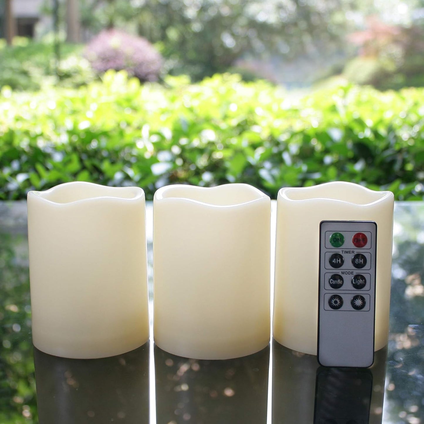 Outdoor Waterproof Battery-Operated Flameless LED Pillar Candles with Remote Timer - Flickering Electric Plastic Resin Decorative Lights for Christmas, Weddings, and Parties - Set of 3