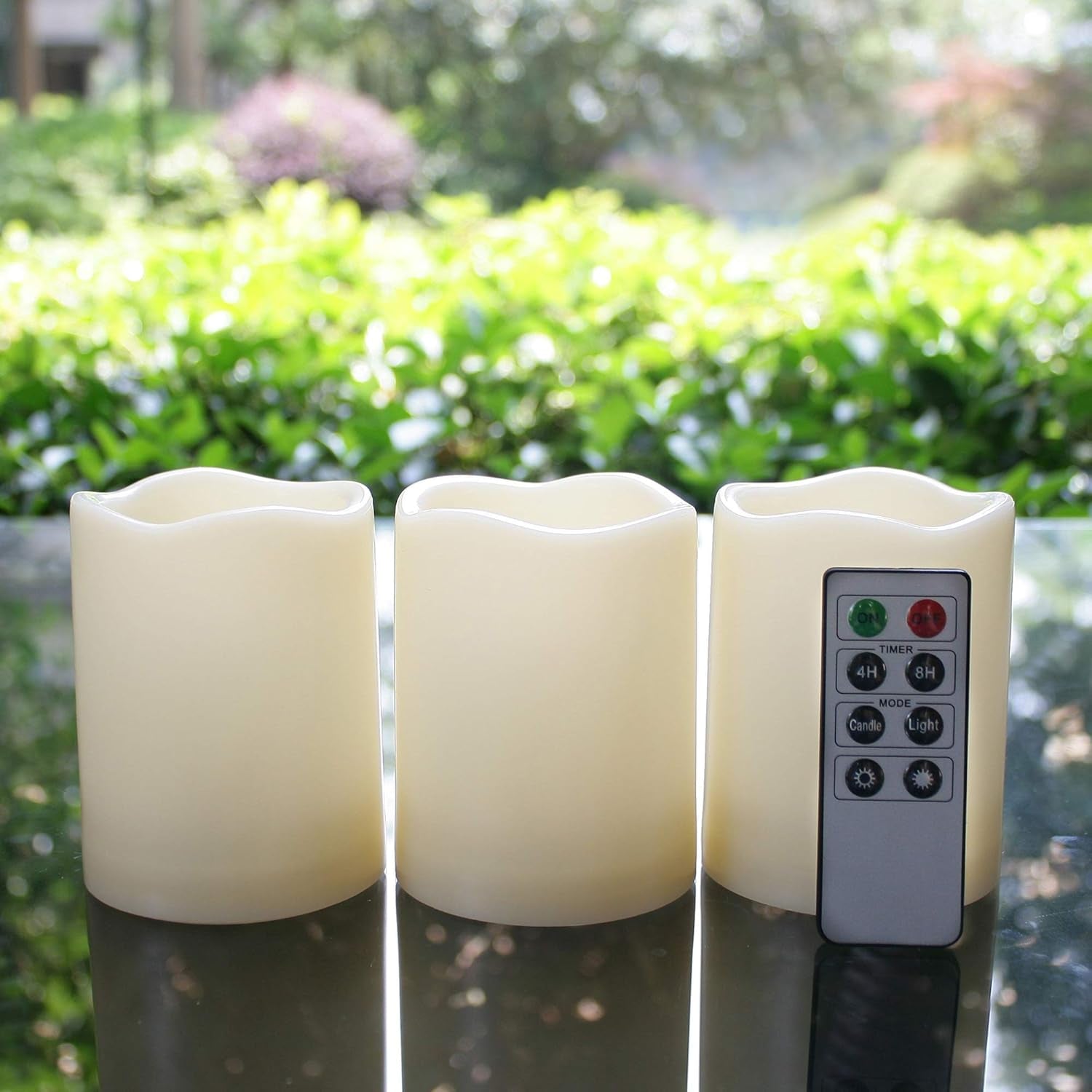 Outdoor Waterproof Battery-Operated Flameless LED Pillar Candles with Remote Timer - Flickering Electric Plastic Resin Decorative Lights for Christmas, Weddings, and Parties - Set of 3