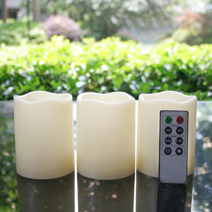 Outdoor Waterproof Battery-Operated Flameless LED Pillar Candles with Remote Timer - Flickering Electric Plastic Resin Decorative Lights for Christmas, Weddings, and Parties - Set of 3