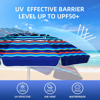 7-Foot Heavy-Duty High Wind Beach Umbrella with Sand Anchor, Ventilation, and Tilt Feature for UV 50+ Sun Protection - Portable Outdoor Sunshade with Carry Bag for Patio, Garden, Pool, and Backyard - Blue