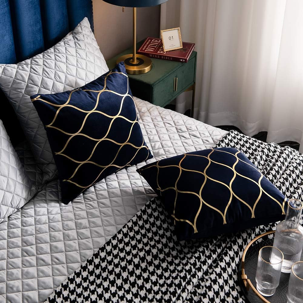 Navy Gold Velvet Decorative Throw Pillow Covers - Set of 2, 20x20 Inch Square Cases for Bedroom, Sofa, and Living Room