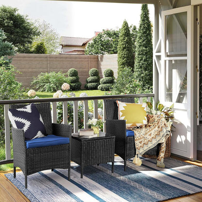 3-Piece Outdoor Patio Furniture Set, PE Rattan Wicker Chairs with Cushions and Coffee Table, Conversation Set for Yard, Backyard, Lawn, Porch, Poolside, and Balcony in Black/Blue