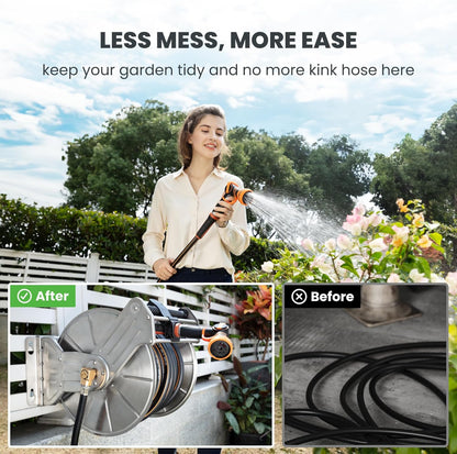 Heavy-Duty Stainless Steel Retractable Hose Reel - Wall/Floor Mounted, Accommodates Up to 150ft of Hose