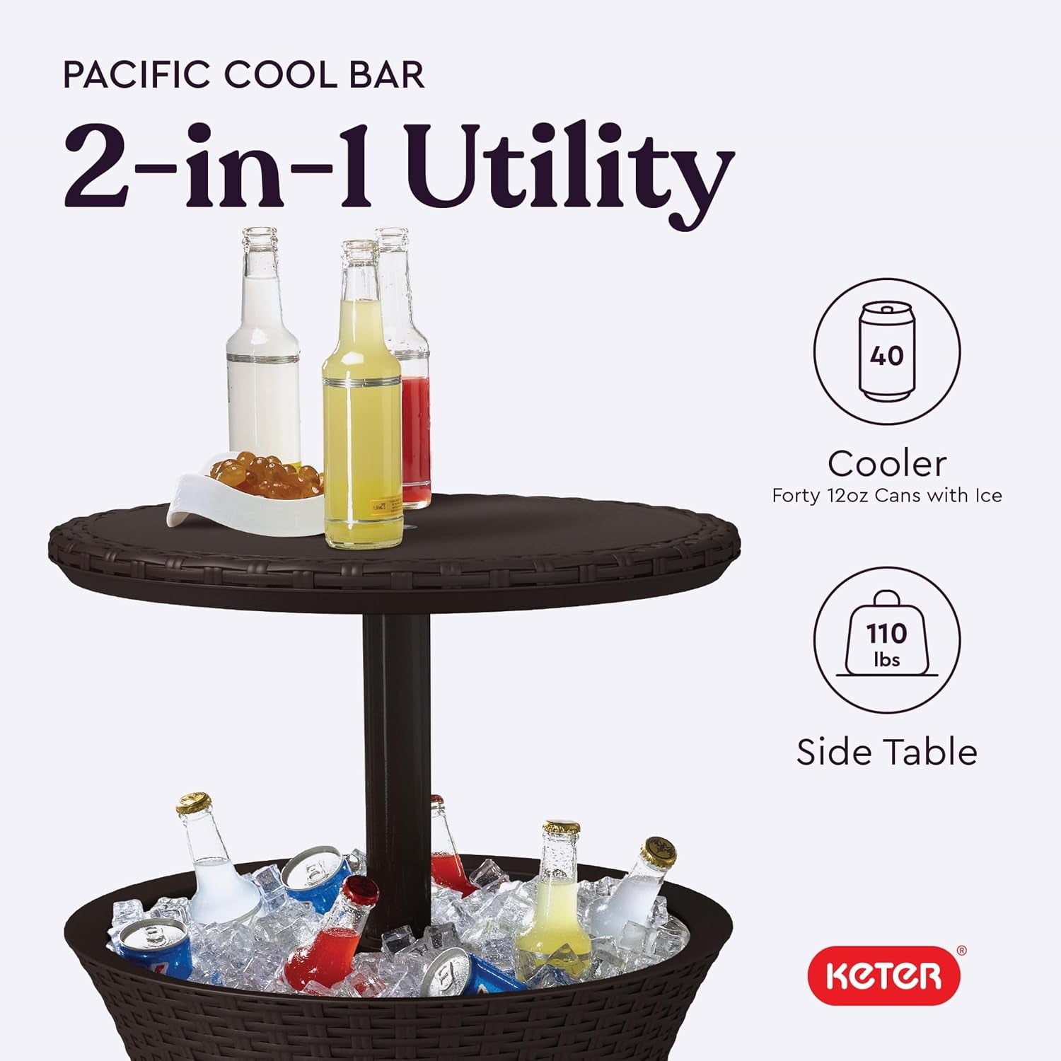Keter Pacific Cool Bar Outdoor Patio Furniture and Hot Tub Side Table with 7.5-Gallon Beverage Cooler in Espresso Brown