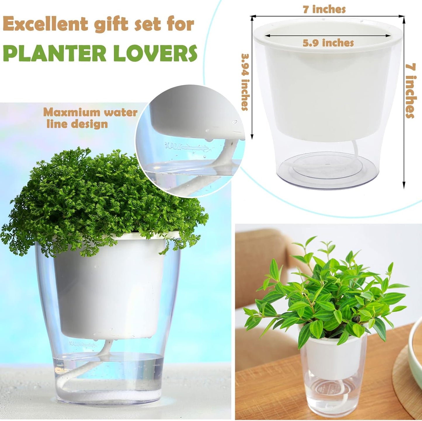 Set of 3 Large 7-Inch Clear Self-Watering Planters for Indoor Plants - Ideal for African Violets, Herbs, Orchids, and Spider Plants - Durable Plastic Design in Clear and White