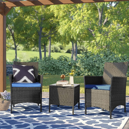 3-Piece Outdoor Patio Furniture Set, PE Rattan Wicker Chairs with Cushions and Coffee Table, Conversation Set for Yard, Backyard, Lawn, Porch, Poolside, and Balcony in Black/Blue