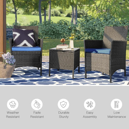 3-Piece Outdoor Patio Furniture Set, PE Rattan Wicker Chairs with Cushions and Coffee Table, Conversation Set for Yard, Backyard, Lawn, Porch, Poolside, and Balcony in Black/Blue
