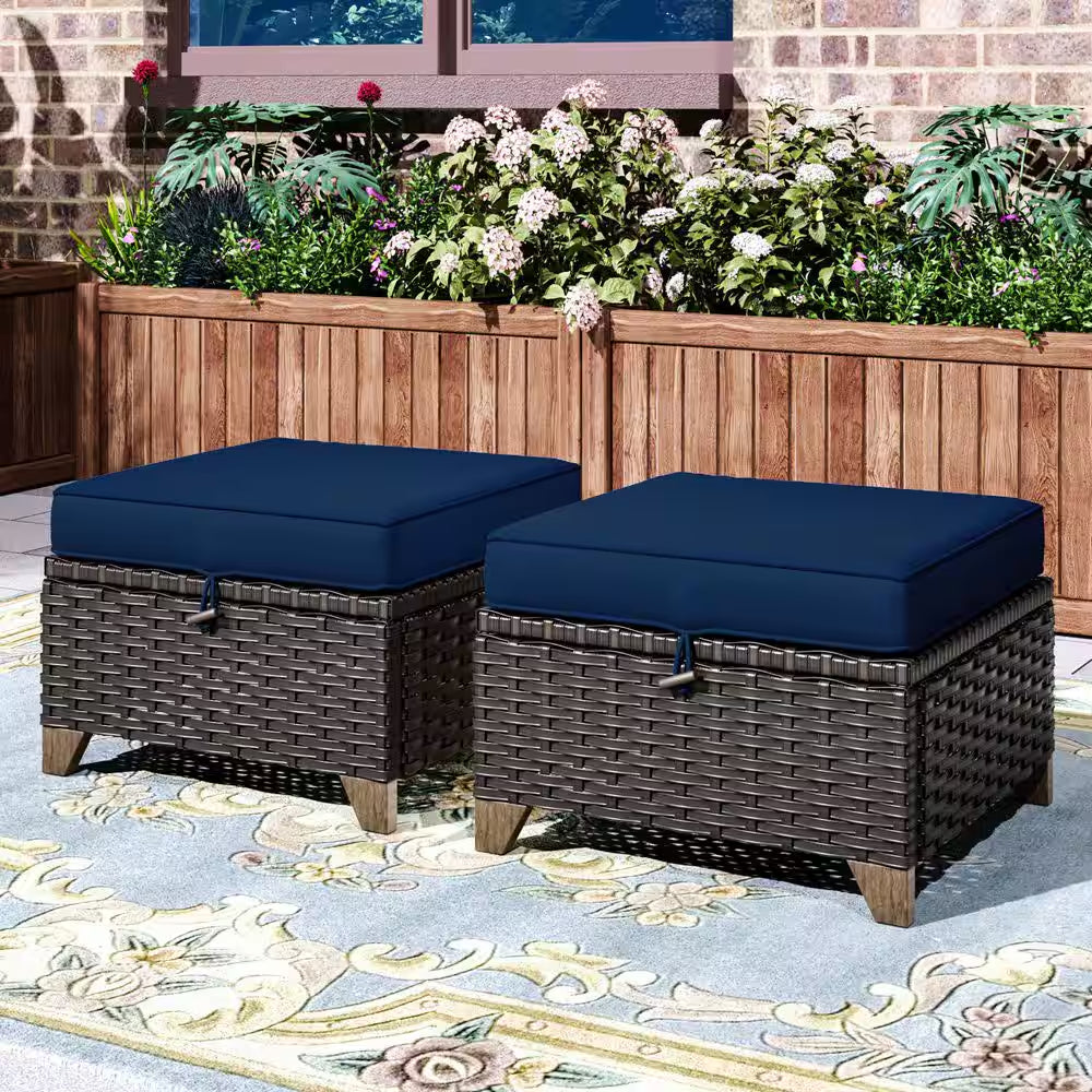 Wicker Outdoor Patio Ottoman Set with Deep Blue Cushions - 2 Piece Collection