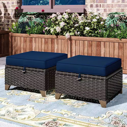 Wicker Outdoor Patio Ottoman Set with Deep Blue Cushions - 2 Piece Collection