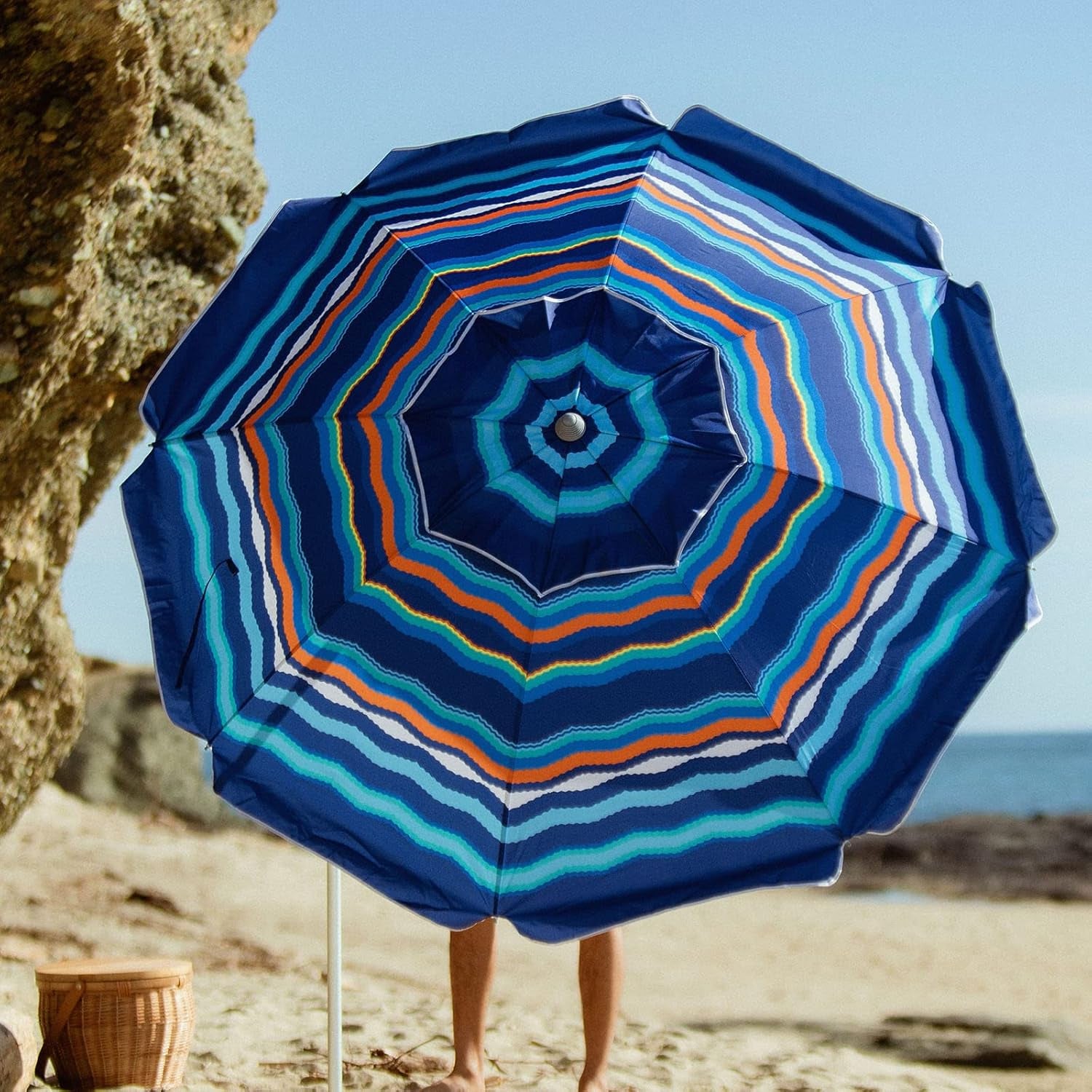 7-Foot Heavy-Duty High Wind Beach Umbrella with Sand Anchor, Ventilation, and Tilt Feature for UV 50+ Sun Protection - Portable Outdoor Sunshade with Carry Bag for Patio, Garden, Pool, and Backyard - Blue