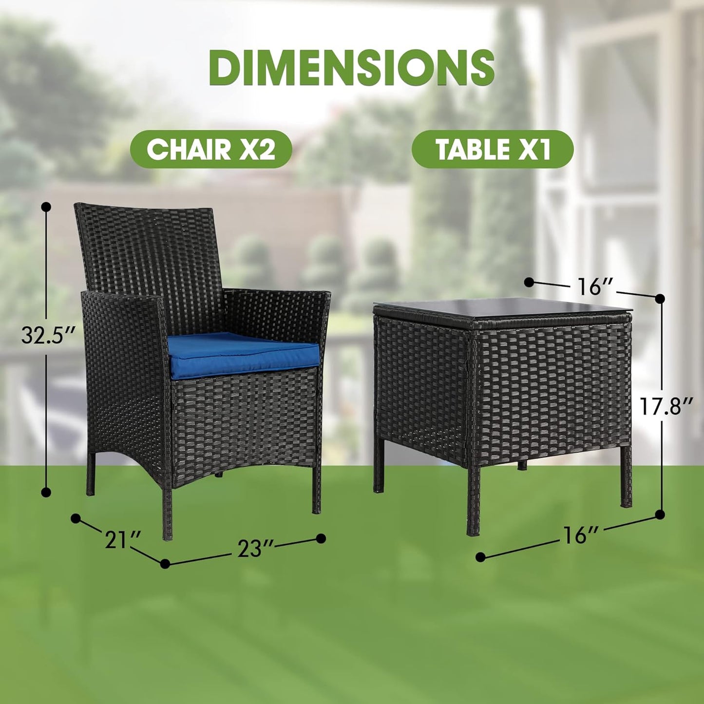 3-Piece Outdoor Patio Furniture Set, PE Rattan Wicker Chairs with Cushions and Coffee Table, Conversation Set for Yard, Backyard, Lawn, Porch, Poolside, and Balcony in Black/Blue