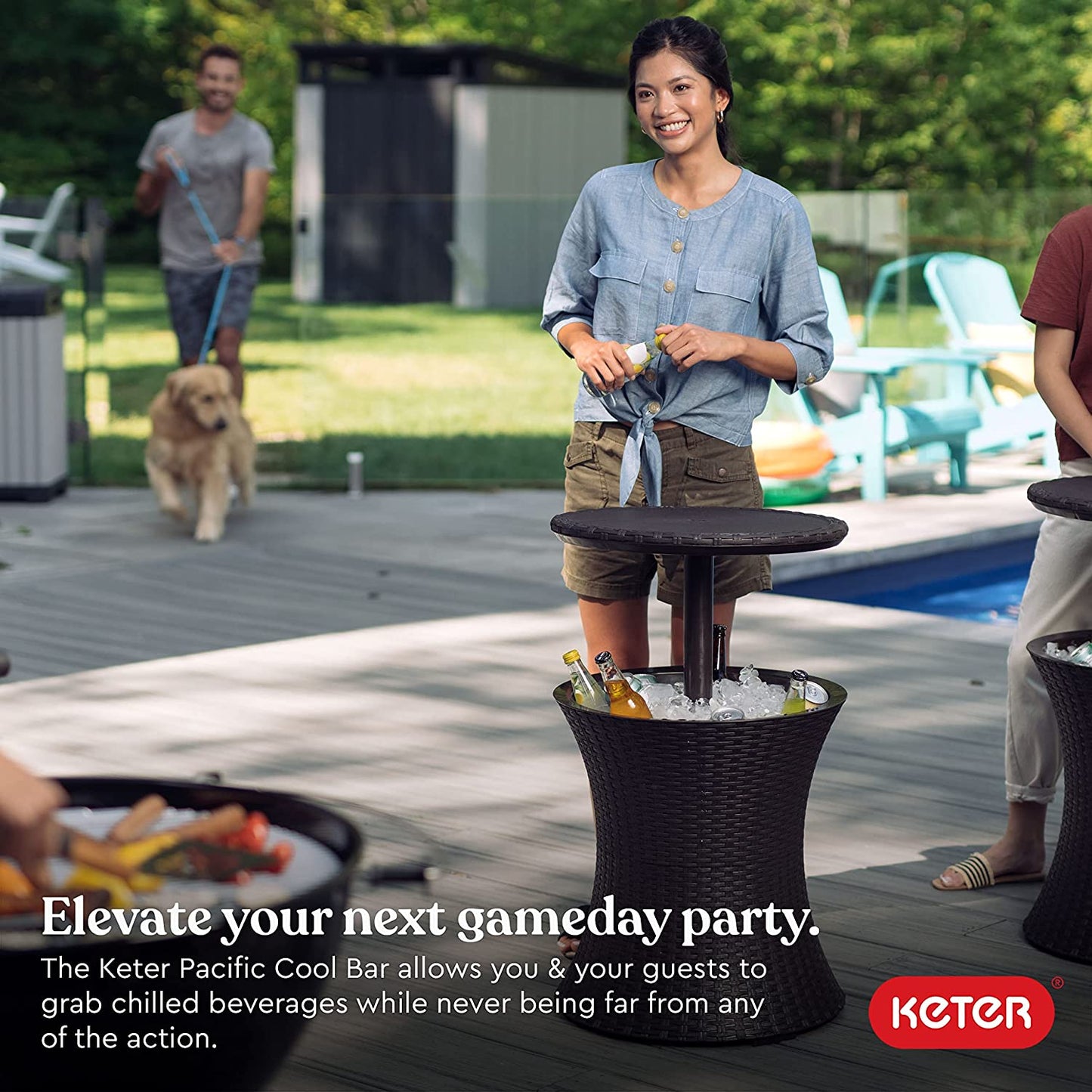 Keter Pacific Cool Bar Outdoor Patio Furniture and Hot Tub Side Table with 7.5-Gallon Beverage Cooler in Espresso Brown
