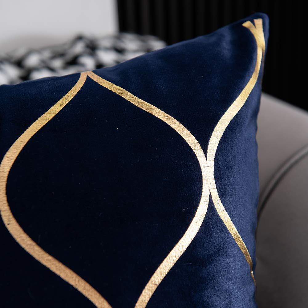 Navy Gold Velvet Decorative Throw Pillow Covers - Set of 2, 20x20 Inch Square Cases for Bedroom, Sofa, and Living Room