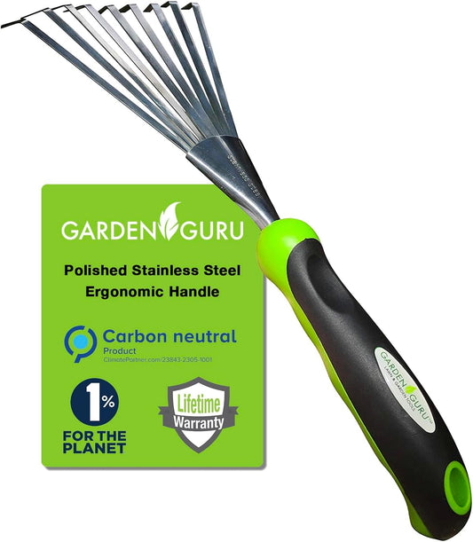 Ergonomic Stainless Steel Hand Rake and Soil Tiller by Garden Guru for Gardening, Cultivating, Soil Loosening, Mulch Spreading, and Flower Bed Raking