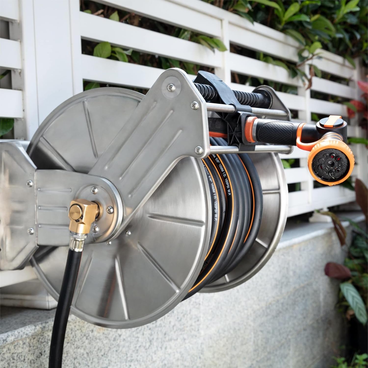 Heavy-Duty Stainless Steel Retractable Hose Reel - Wall/Floor Mounted, Accommodates Up to 150ft of Hose