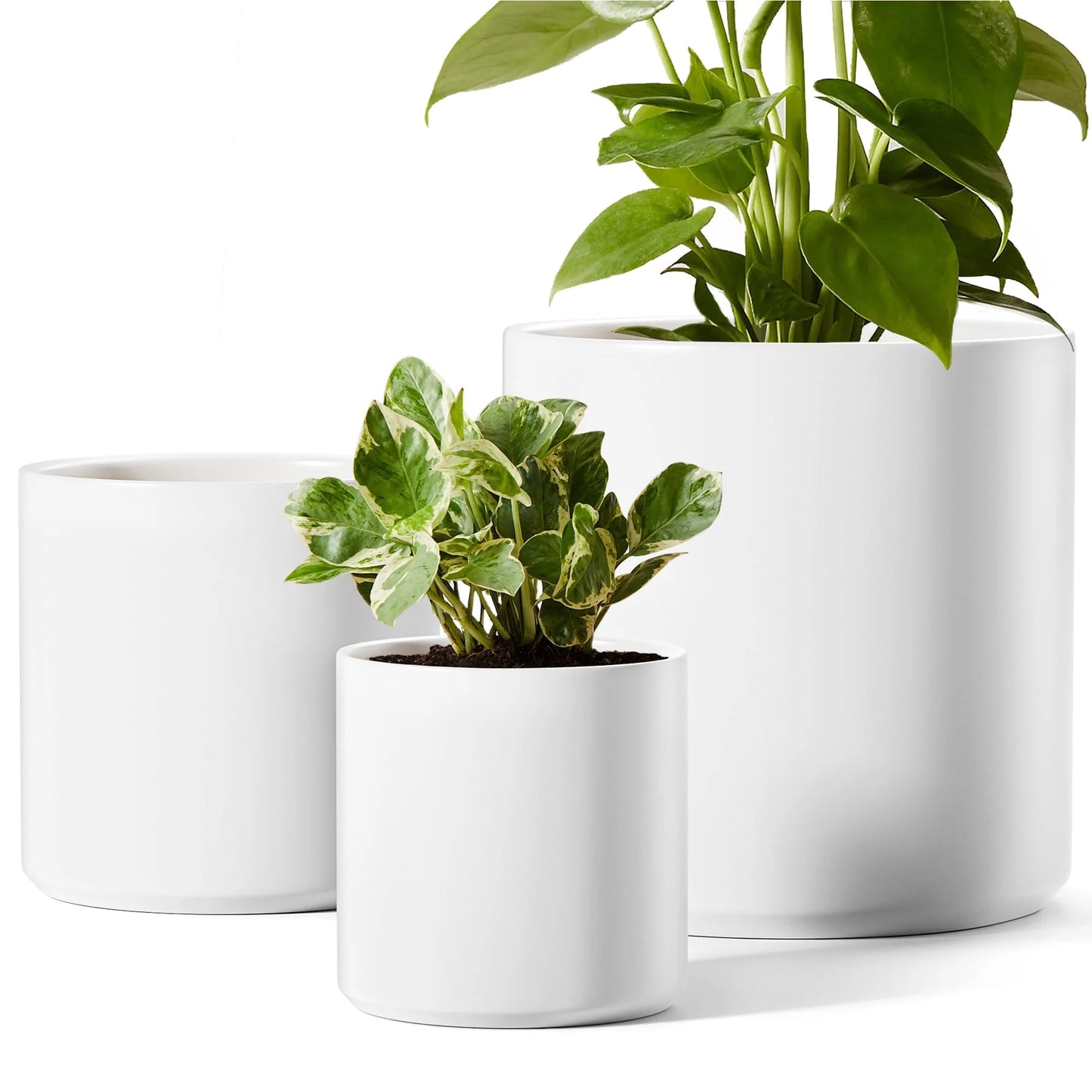 Set of 3 White Indoor Plant Pots (10", 8", and 6") with Drainage Hole and Plug for Indoor and Patio Decoration