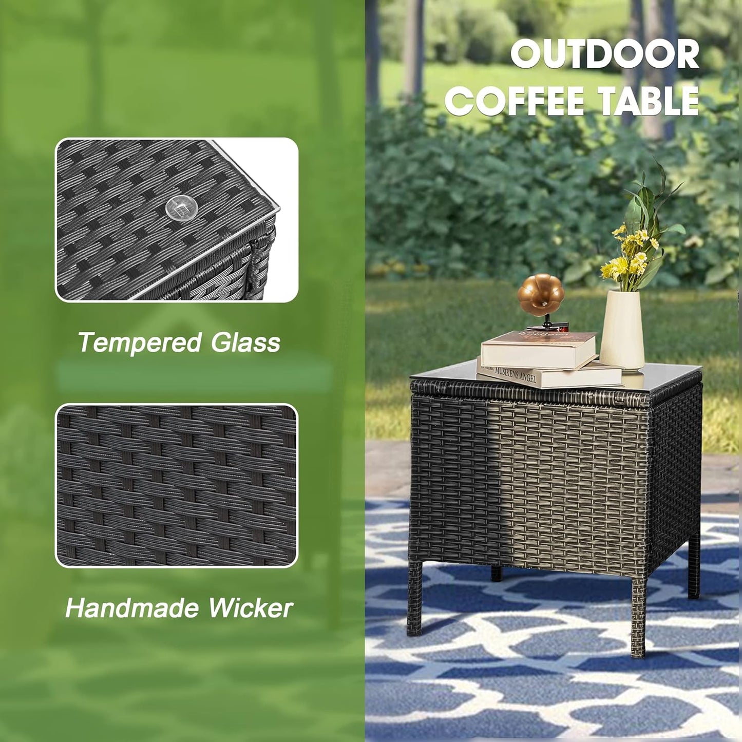 3-Piece Outdoor Patio Furniture Set, PE Rattan Wicker Chairs with Cushions and Coffee Table, Conversation Set for Yard, Backyard, Lawn, Porch, Poolside, and Balcony in Black/Blue