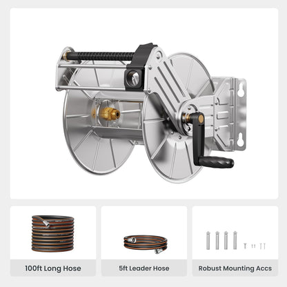 Heavy-Duty Stainless Steel Retractable Hose Reel - Wall/Floor Mounted, Accommodates Up to 150ft of Hose