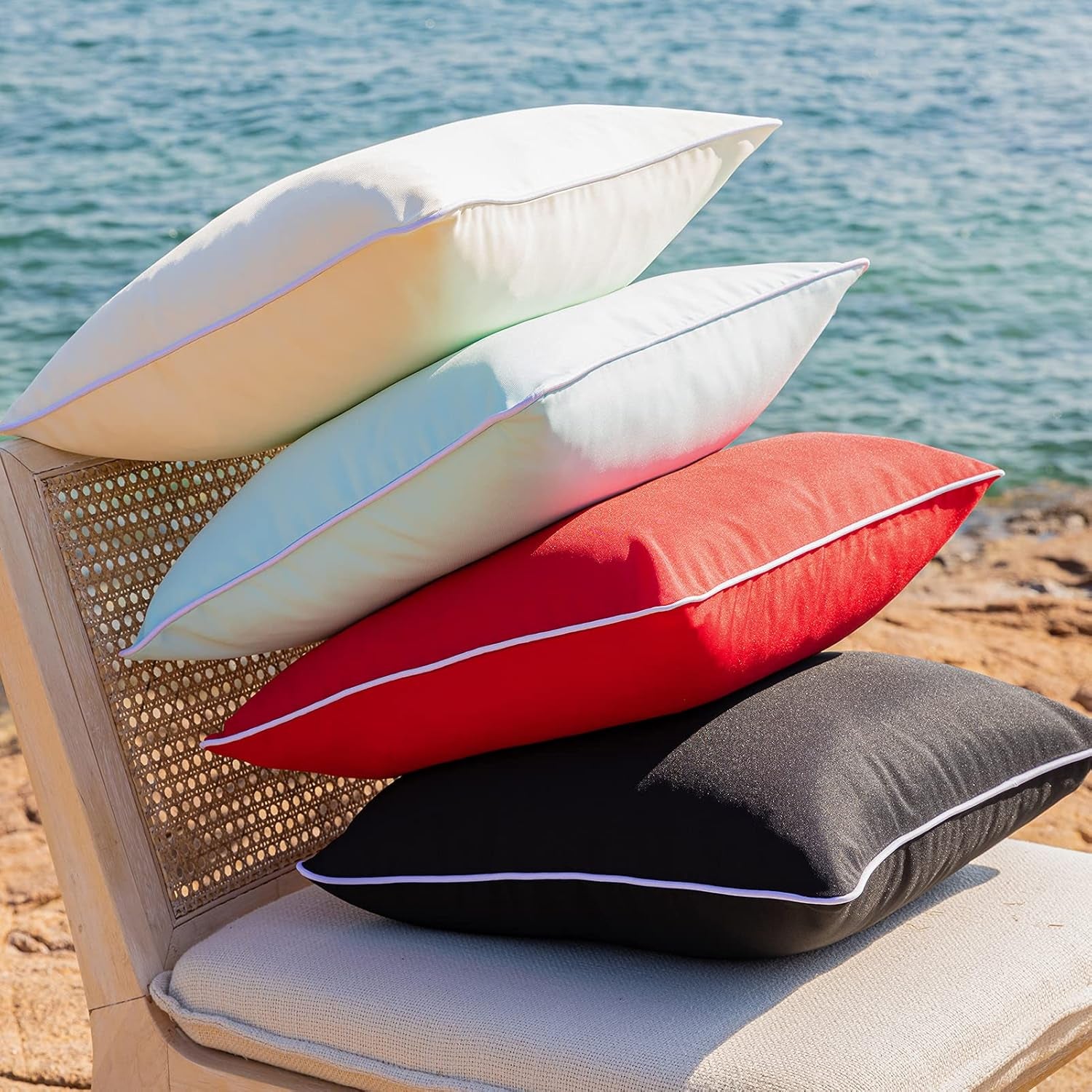 Set of 2 Outdoor Waterproof Decorative Pillow Covers - 18''x18'' Cream Square Cushions for Patio and Tent Use