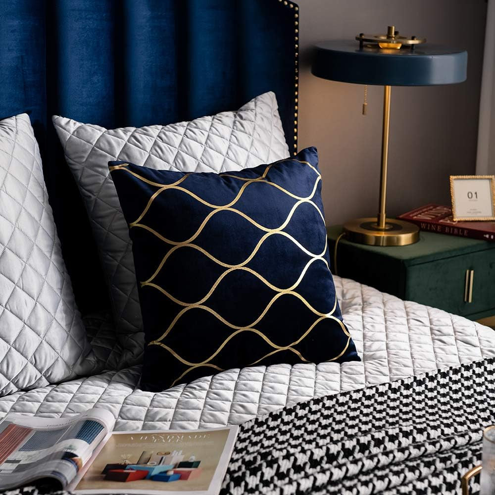 Navy Gold Velvet Decorative Throw Pillow Covers - Set of 2, 20x20 Inch Square Cases for Bedroom, Sofa, and Living Room