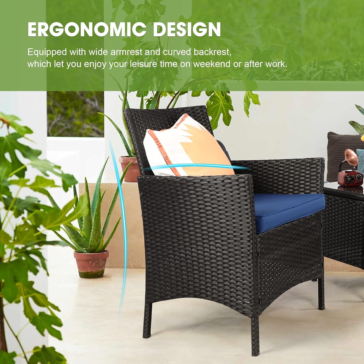 3-Piece Outdoor Patio Furniture Set, PE Rattan Wicker Chairs with Cushions and Coffee Table, Conversation Set for Yard, Backyard, Lawn, Porch, Poolside, and Balcony in Black/Blue