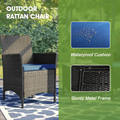 3-Piece Outdoor Patio Furniture Set, PE Rattan Wicker Chairs with Cushions and Coffee Table, Conversation Set for Yard, Backyard, Lawn, Porch, Poolside, and Balcony in Black/Blue