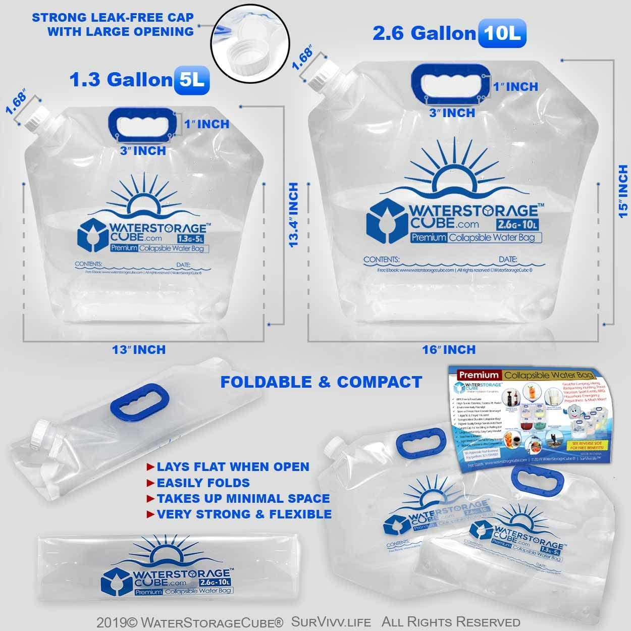 Premium BPA-Free Collapsible Water Container Bag - Food Grade Clear Plastic Storage Jug for Camping, Hiking, and Emergency Use - No-Leak, Freezable, Foldable Water Bottle (1.3/2.6 Gallon)