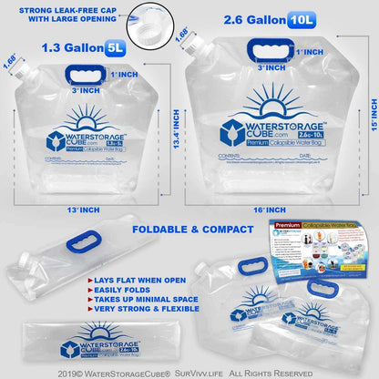 Premium BPA-Free Collapsible Water Container Bag - Food Grade Clear Plastic Storage Jug for Camping, Hiking, and Emergency Use - No-Leak, Freezable, Foldable Water Bottle (1.3/2.6 Gallon)