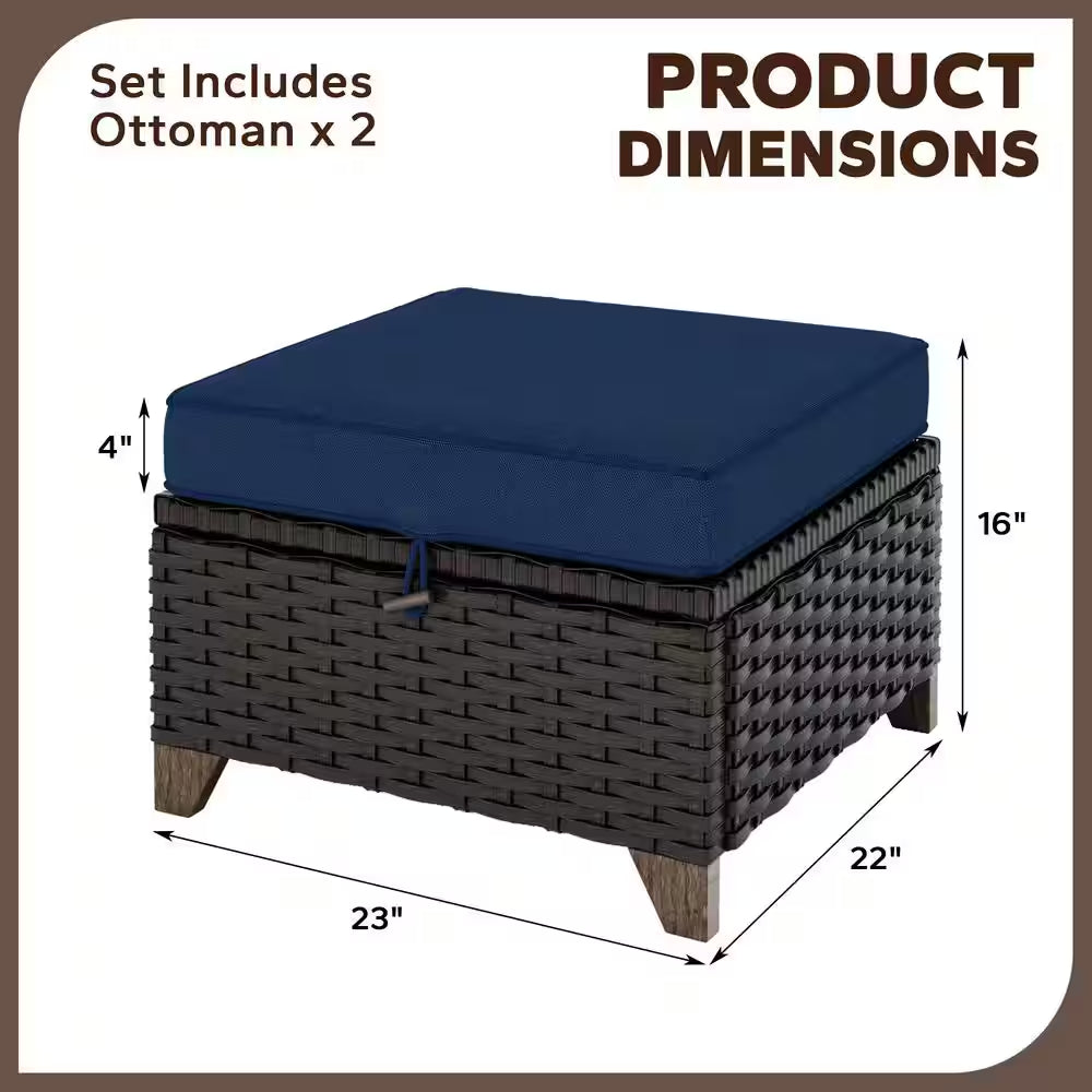 Wicker Outdoor Patio Ottoman Set with Deep Blue Cushions - 2 Piece Collection