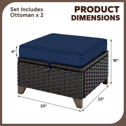 Wicker Outdoor Patio Ottoman Set with Deep Blue Cushions - 2 Piece Collection