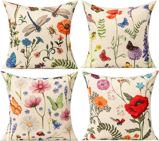 Set of 4 Outdoor Patio Throw Pillow Covers 18x18 - Floral Garden Design for Spring and Summer, Ideal for Farmhouse Décor on Benches, Chairs, Swings, and Sofas